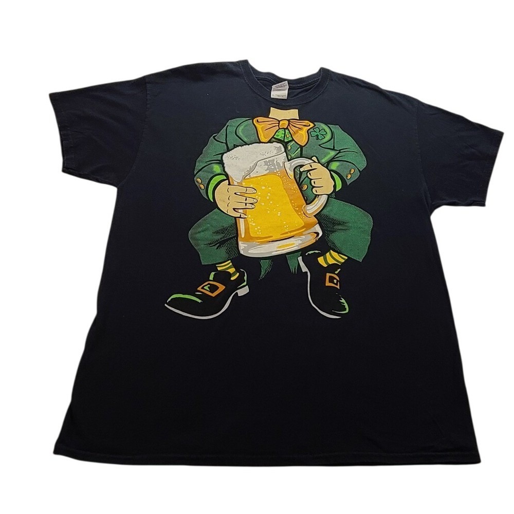 Gildan Mens XL St Patricks Day Leprechaun Beer Mug Graphic Tee Black T-shirt